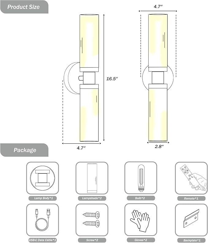 Rechargeable Battery Operated Wall Sconce, 8000mAh Cordless Wall Light with Dimmable, Timer Function, 3000K Warm White, Easy Install for Living Room, Bedroom, Black with White Shades, Bulbs Included