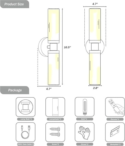 Rechargeable Battery Operated Wall Sconce, 8000mAh Cordless Wall Light with Dimmable, Timer Function, 3000K Warm White, Easy Install for Living Room, Bedroom, Black with White Shades, Bulbs Included
