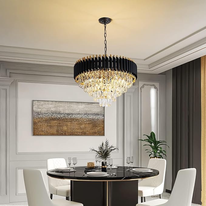 Modern Chandelier Gold and Black Chandeliers 5-Tier Chandelier Crystal Round Hanging Crystal Pendant Light Fixture for Dining Room Bedroom Living Room Foyer Farmhouse W24in 12 Lights
