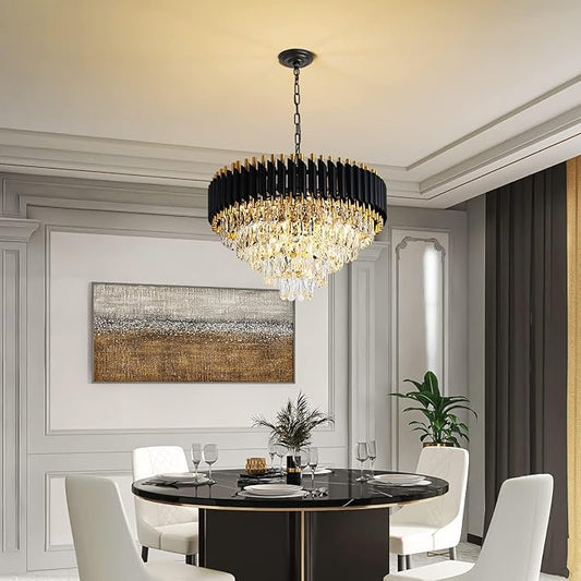 Modern Chandelier Gold and Black Chandeliers 5-Tier Chandelier Crystal Round Hanging Crystal Pendant Light Fixture for Dining Room Bedroom Living Room Foyer Farmhouse W24in 12 Lights
