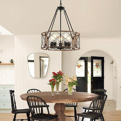 21'' Farmhouse Chandelier, 5-Light Black & Wood Grain Dining Room Light Fixture Over Table, Rustic Industrial Drum Hanging Pendant Lights Fixture for Kitchen Island Bedroom Hallway Foyer Entryway