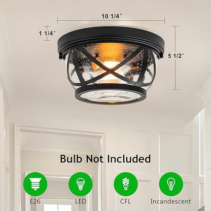 Flush Mount Ceiling Light Fixture Black, 2-Light Modern Farmhouse Porch Light Ceiling Mount for Outdoor, Indoor Flush Mount Lights Fixture for Hallway Foyer Kitchen Bathroom with Seeded Glass