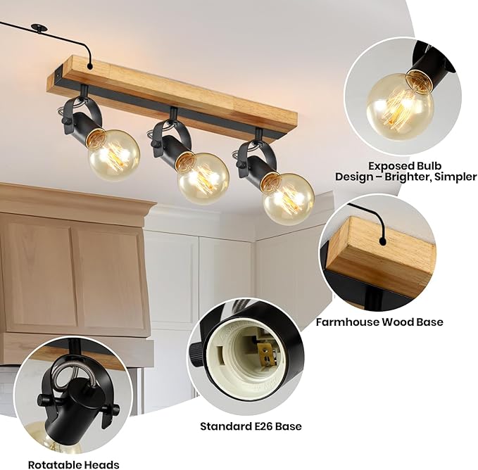3 Light Plug in Track Light,Farmhouse Plug in Ceiling Light with 14.76-Foot Cord,Rotatable Ceiling Spotlight for Kitchen Dining Room Cabinet Hallway Living Room(No Bulb)