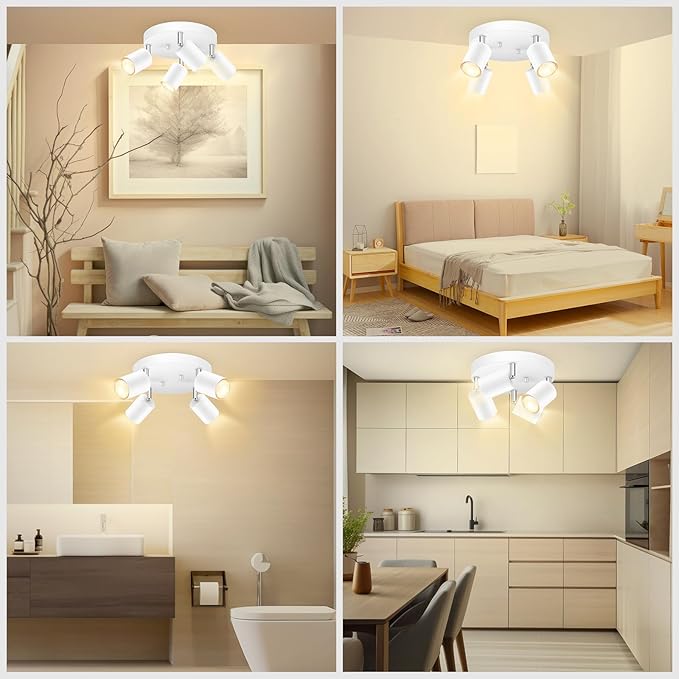 AUQUEE LED 4 Light Track Lighting Kit, LED Track Lighting Fixtures, White Round Ceiling Spot Lighting, Flexibly Rotatable Light Head for Kitchen, Living Room, Bedroom, GU10 Bulb Not Included