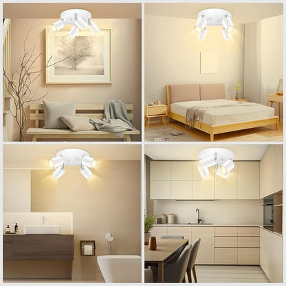 AUQUEE LED 4 Light Track Lighting Kit, LED Track Lighting Fixtures, White Round Ceiling Spot Lighting, Flexibly Rotatable Light Head for Kitchen, Living Room, Bedroom, GU10 Bulb Not Included