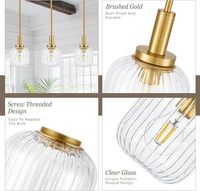 Brushed Gold Pendant Lights Kitchen Island 2 Pack, 5.9" Modern Glass Pendant Light with Clear Glass and Rods, Mini Hanging Lighting for Kitchen Sink Bathroom Bedroom, OS-YQ7749-2PBG