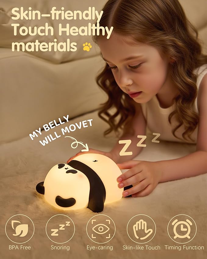 Snoring Panda Night Light for Kids, Upgraded Large Novelty Nursery Nightlight with Snoring Motion & Sound, Rechargeable Cute Night Light for Baby, Bedroom, Holiday Gifts for Girls & Boys