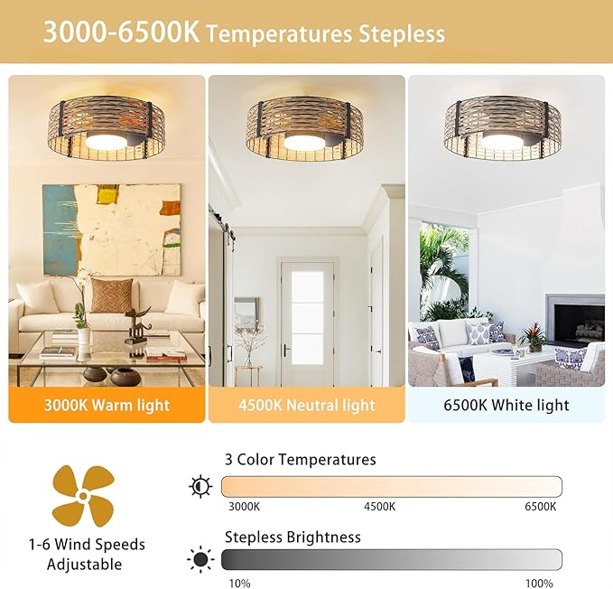 Ganeed 18W LED 20 Inch Dimmable Bamboo Rattan Fandelier, Boho Caged Ceiling Fan with Light and Remote, 6 Speed/Reversible Motor/RGB LED Small Ceiling Fan for Bedroom Living Room Kitchen Nursery