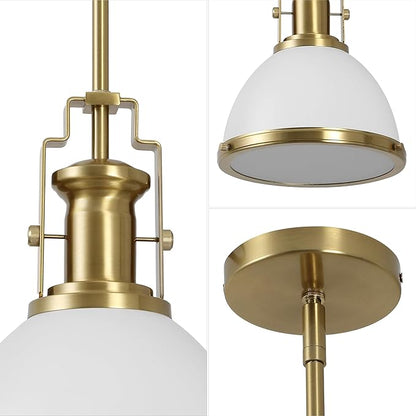 JONATHAN Y 10" Brass Gold/White Modern Industrial Iron LED Dome Pendant Light, Adjustable Hanging Fixture for Kitchen Island or Entryway, White Metal Shade, LED Bulb Included (JYL9535D)