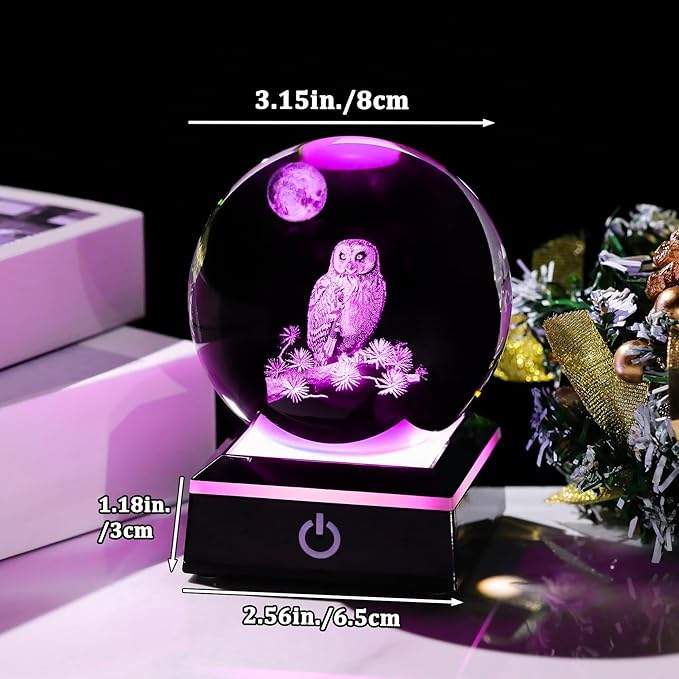 Arikyrist 3D Owl Crystal Ball Figurine with LED Base Laser Owl Gifts for Men Women Owl Lovers on Christmas Birthday Decorative Owl Statue Ball Glass Animals Globe Night Light for Home Decor (80mm)