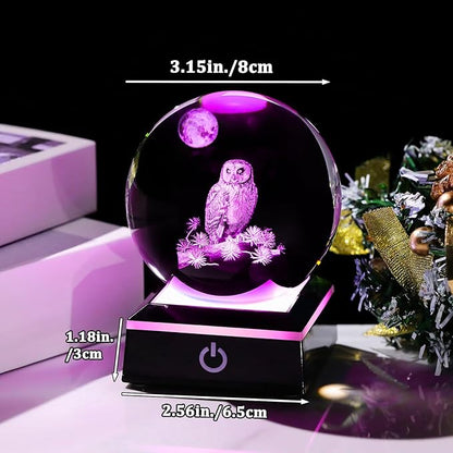 Arikyrist 3D Owl Crystal Ball Figurine with LED Base Laser Owl Gifts for Men Women Owl Lovers on Christmas Birthday Decorative Owl Statue Ball Glass Animals Globe Night Light for Home Decor (80mm)