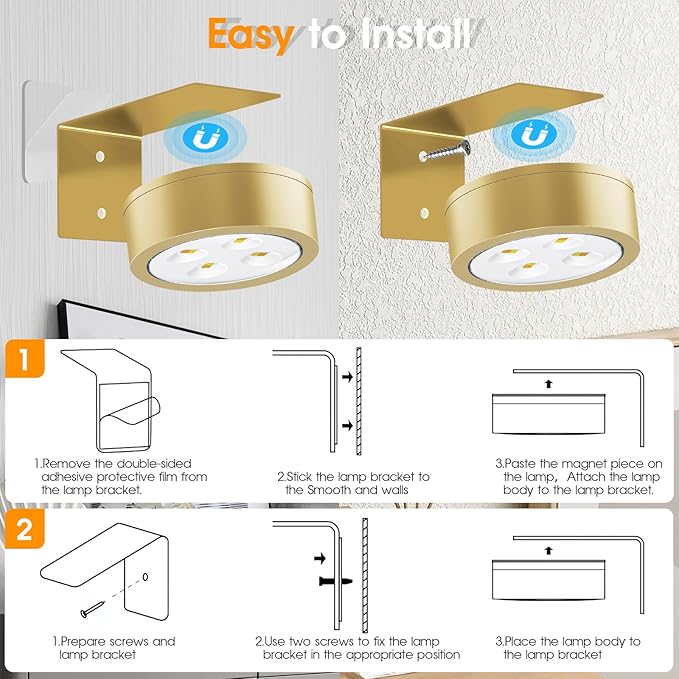 RGB Picture Light Battery Operated Painting Lights for Wall Wireless Magnetic Display Art Light with Remote Controls,Dimmable&Timer for Art Frame Artworking,3Pack Gold