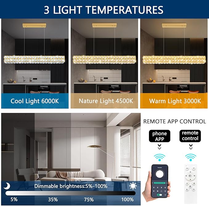 40'' Modern Crystal Chandelier for Dining Room Ceiling Light Fixture for Living Room Hallway Lighting LED Dimmable with Remote Gold