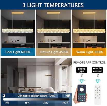 40'' Modern Crystal Chandelier for Dining Room Ceiling Light Fixture for Living Room Hallway Lighting LED Dimmable with Remote Gold