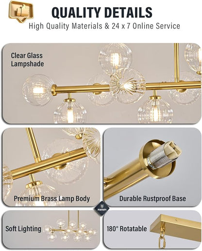 55" Long Brass Gold Chandeliers for Dining Room Kitchen Island, Large Globe Sputnik Linear Chandelier, 16 Lights Mid Century Modern Light Fixture Over Table, Clear Bubble, GC-08