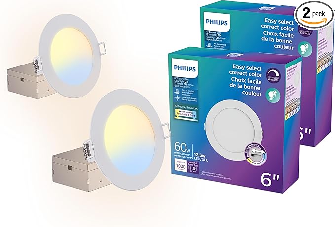 PHILIPS LED 60W Slim 6-inch Canless Downlight 2-Pack Selectable White Multi-CCT 1000 Lumen (11.5W = 60W) Dimmable No Housing Required
