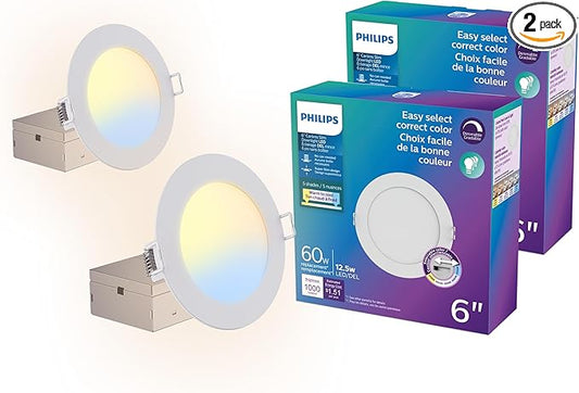 PHILIPS LED 60W Slim 6-inch Canless Downlight 2-Pack Selectable White Multi-CCT 1000 Lumen (11.5W = 60W) Dimmable No Housing Required