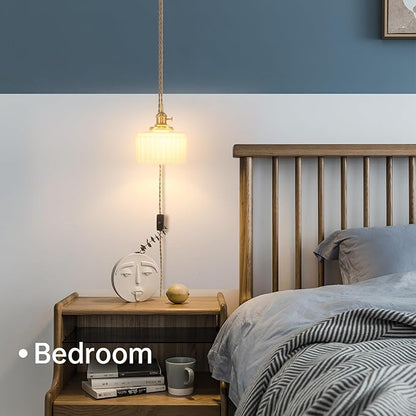 Shenmoyl Plug in Pendant Light Hanging Light Fixture Corded On/Off Switch Brass Pendant Light with White Striped Glass Lampshade for Bedroom Living Room Kitchen Island