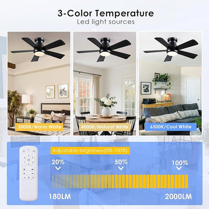 Ceiling Fan with Light, 40" Black Flush Mount Ceiling Fans with Remote Control,3CCT Dimmable LED, ABS 5-Fan Blades,Reversible Motor,Quiet Low Profile Indoor fandeliers for Bedroom Living Room