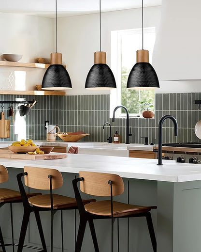 ELYONA Industrial Hammered Pendant Light 7” Small Solid Wood Hanging Lamp with Hammered Metal Shade, Farmhouse Pendant Light Fixtures for Kitchen Island, Dining Room, Bedroom, Office, Modern Black