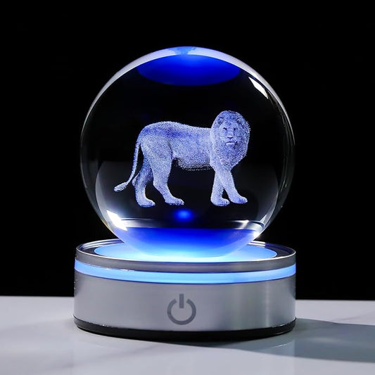 Crystal 3D Lion 3.15in Ball Figurine Gifts for Him Husband, Collectible Glass Animal Art Sphere for Room with LED Light Base, Keepsake for Lion Lovers Home Decor Paperweight