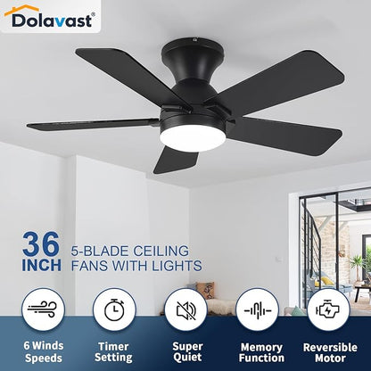 Ceiling Fans with Lights, 36 Inch Low Profile Ceiling Fan with Light and Remote Control, Flush Mount, Reversible, 3CCT, Dimmable LED, Quiet, Black Ceiling Fan for Bedroom, Kitchen, Office