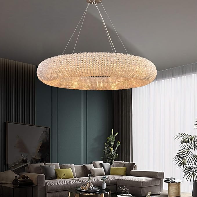 Modern Crystal Chandeliers Ceiling Lights Fixtures Pendant Lighting Orb Ring Chandelier Contemporary Adjustable Stainless Steel Cable for Living Room Dining Room Island D39.37