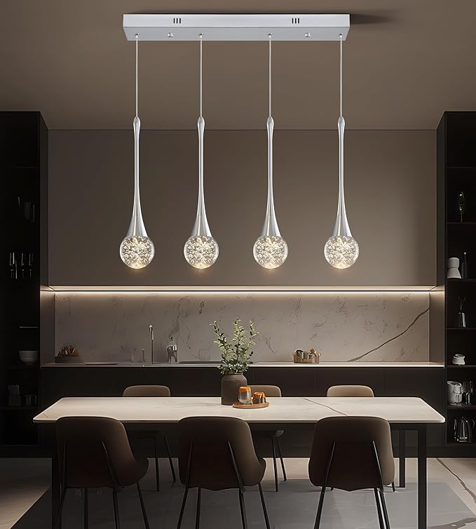 Modern Chrome Crystal Chandelier for Kitchen Island 4-Lights, Luxury Retangular Dimmable LED Bubble Raindrop Pendant Lighting Fixture for Dining Room Foyer Entryway Bedroom