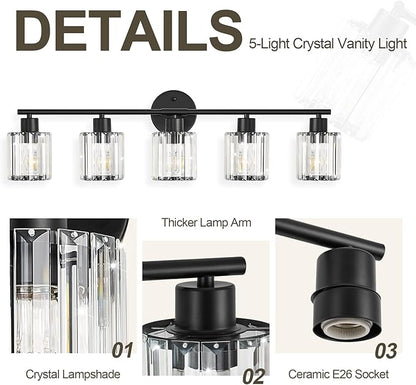 Crystal Bathroom Light Fixtures, Bathroom Lighting Fixtures Over Mirror, Modern Black 5-Light Vanity Lights for Mirror,Restroom, Bedroom (Ceramic E26 Socket,Bulbs Not Include)