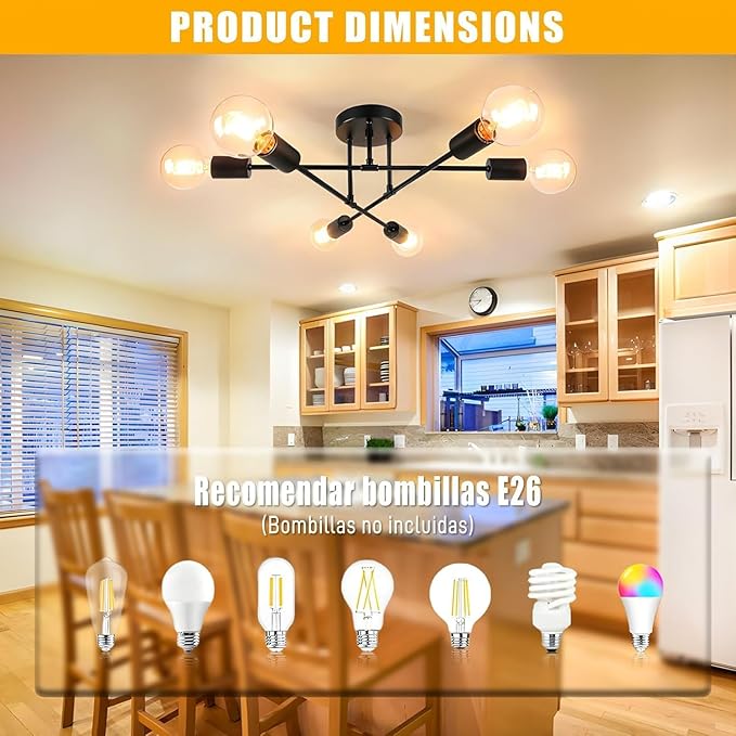 SPOLI Sputnik Ceiling Light Fixture, Dining Room Chandelier, Modern 6-Light All Black Industrial Pendant Semi Flush Mount for Kitchen Living Bedroom, E26 Base, Bulbs Not Included