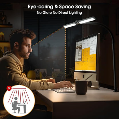 SIBRILLE LED Desk Lamp for Home Office - Dimmable Computer Desk Light with Clamp, Modern Architect Task Lamp with Color Changing, Flexible Desktop Lamp with Gooseneck for Monitor, Double Head, Black