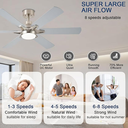 52in Ceiling Fans with Lights RGB Ceiling Fan with Light and Remote/APP Control,Low Profile Ceiling Fans with Lights for Bedroom,Living Room,Kids Room,3CCT Dimmable Modern Ceiling Fan, 6 Speeds,Nickel
