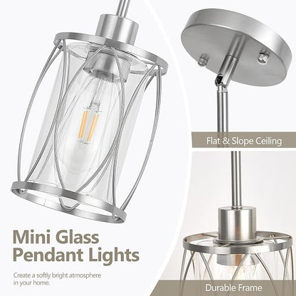 Glass Pendant Lights Kitchen Island Brushed Nickel Pendant Light Fixtures Adjustable Farmhouse Mini Hanging Light with Clear Glass for Sink Dining Room Foyer Entryway Bar, 1 Pack
