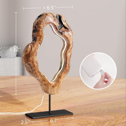 LAPTAIN LED Wood Table Lamp, Irregular Bedside Lamp with Dimmable, Creative Home Decor Table Lamp, Bedside Night Light for Bedroom, Living Room, Large