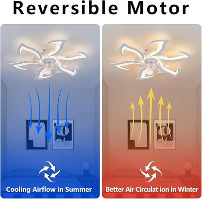 White Flower Modern CeilingFans with Lights, Low Profile Ceiling Fan with Remote for bedroom, 32inch Flush Mount Ceiling Fan with LED Dimmable Light,3-Colors, 6-Speeds, Timing Ceiling Fan Light