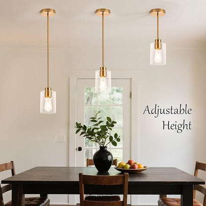 MAYNA 2-Pack Brushed Brass Pendant Lights, Elegant Glass Hanging Lighting with Bulbs, Adjustable Rods Modern Fixtures for Kitchen Island, Breakfast Bar