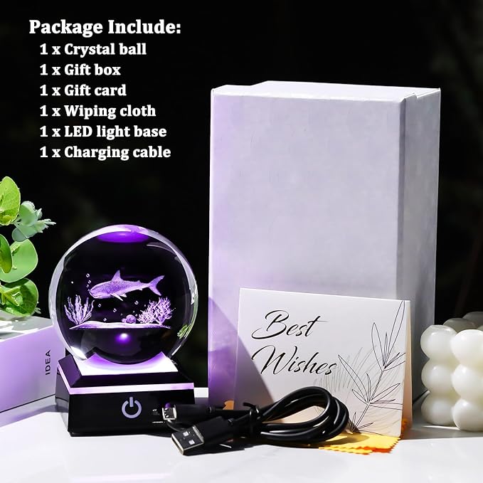 Arikyrist 3D Crystal Ball Shark Figurine with Colorful Light Base, Shark Gifts for Shark Lovers Women Men on Christmas Birthday, Laser Engraved Glass Shark Ornament Globe for Home Office (80mm)