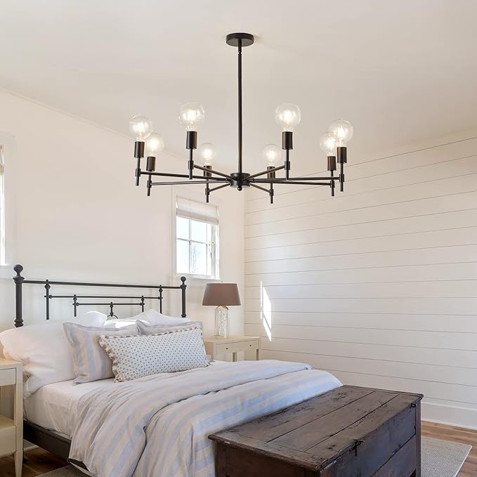 ASGYISA 8-Light Black Sputnik Chandelier Matte Industrial Flush Mount Ceiling Light Fixture Metal Modern Pendant Light for Farmhouse, Bedroom, Kitchen, Dining, Living Room, Island