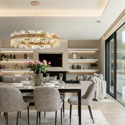 D39.4'' Large Crystal Chandelier, 20-Light Modern Gold 2-Tiers Crystal Raindrop Chandelier, Luxury Round Flush Mount Ceiling Light for Dining Living Room Kitchen Island Entryway Foyer