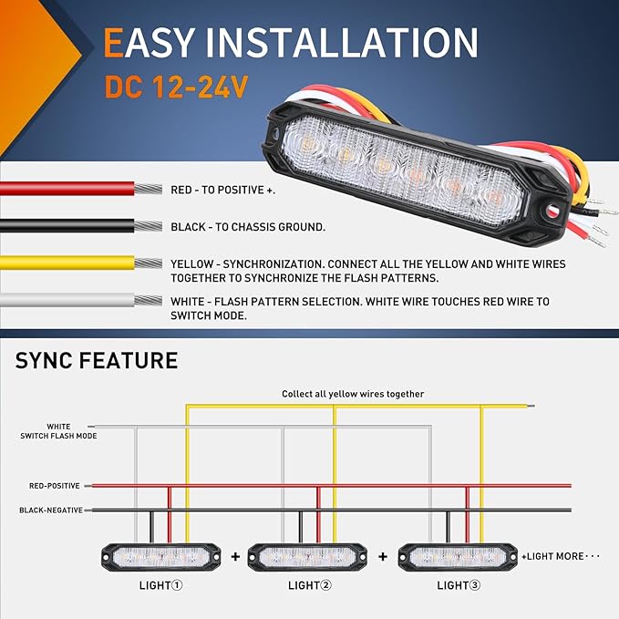 Nilight 4PCS 6LED Amber White Emergency Strobe lights 12V 24V Surface Mount Flashing Warning Hazard Light Ultra Slim Sync Feature Grille for Cars Trucks Van Off Road Vehicles SUV