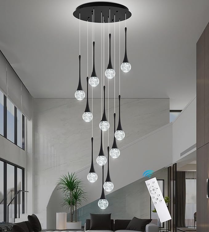 Modern Black Crystal Chandelier for High Ceiling 12-Lights, 120 Inches Luxury Spiral Dimmable LED Bubble Raindrop Pendant Lighting Fixture for Staircase Foyer Entryway Living Room