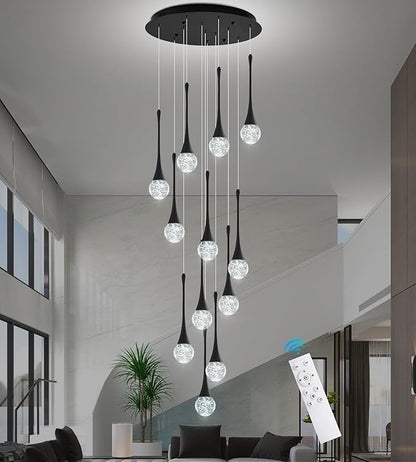 Modern Black Crystal Chandelier for High Ceiling 12-Lights, 120 Inches Luxury Spiral Dimmable LED Bubble Raindrop Pendant Lighting Fixture for Staircase Foyer Entryway Living Room