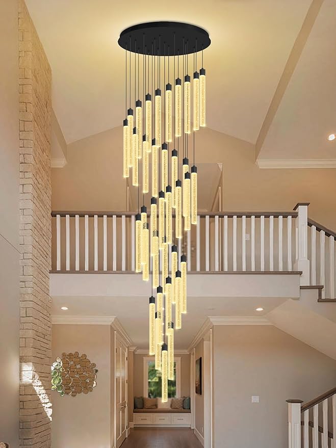 200'' Long Crystal Column Chandelier Black 36-Light Extra Large Staircase Chandelier High Ceiling Dimmable LED Ceiling Lighting Foyer Entryway Light Source is Replaceable