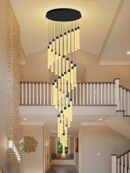 200'' Long Crystal Column Chandelier Black 36-Light Extra Large Staircase Chandelier High Ceiling Dimmable LED Ceiling Lighting Foyer Entryway Light Source is Replaceable