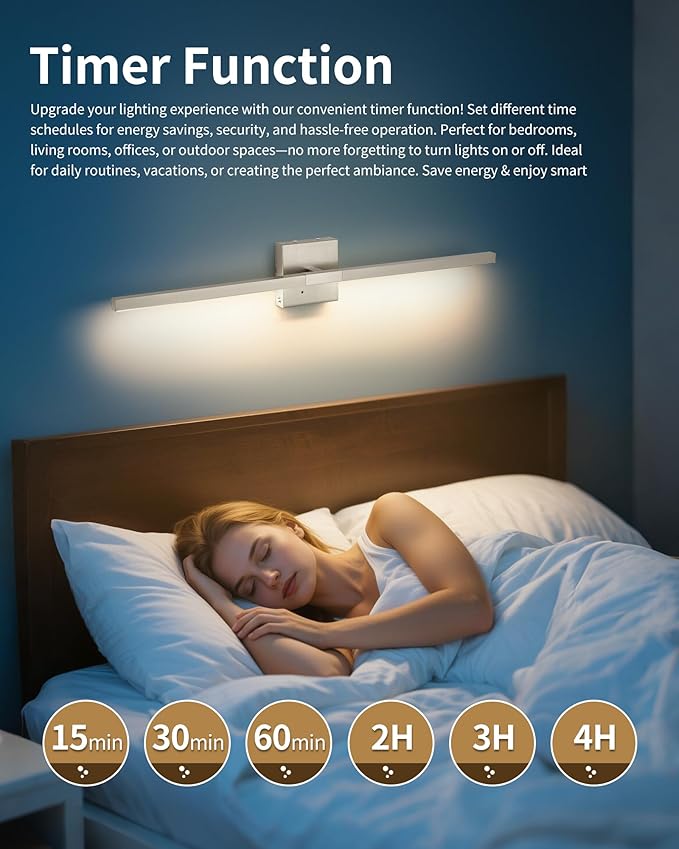 Rayogale Rechargeable Battery Operated Wall Sconce Set of Two, 24 Inch, Cordless, 3000K/4500K/6000K, Dimmable, Timer, Remote, Touch Control, USB-C Charging, 360° Rotation for Living Room Sand Nickel
