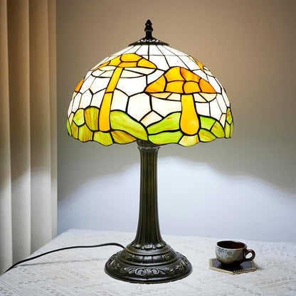 Tiffany Style Table Lamp with Brown Mushrooms Stained Glass Lamp 12 Inch Retro Bronze Base Bedside Lamp Living Rooms, Offices, Stores. Village Life Style Decorative Ambient Light Bedside Lamp