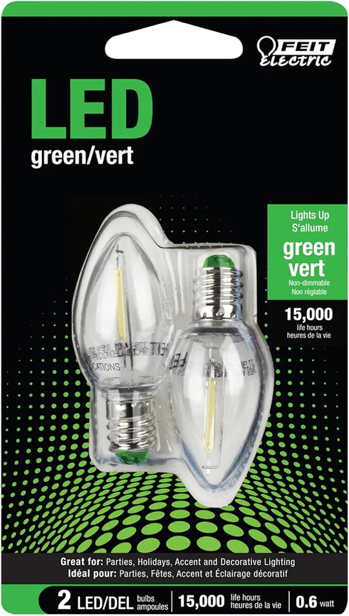 Feit Electric BPC7/G/LEDG2/2/6 7W Equivalent 0.1 Watt Candelabra Base Holiday Party Decorative LED C7 Light Bulb, 2.15" H x 1" D, Green, 12