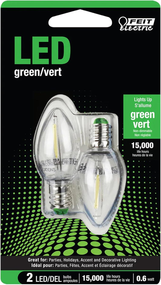 Feit Electric BPC7/G/LEDG2/2/6 7W Equivalent 0.1 Watt Candelabra Base Holiday Party Decorative LED C7 Light Bulb, 2.15" H x 1" D, Green, 12
