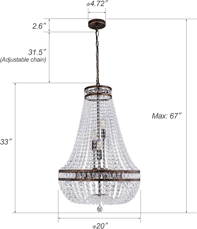 Wellmet Crystal Chandelier Light, 8 Lights French Empire Chandeliers Lighting Ceiling Fixture Hanging Pendant for Dining Living Room Foyer Kitchen Bedroom Entryway, 20''W (Bronze, 20)