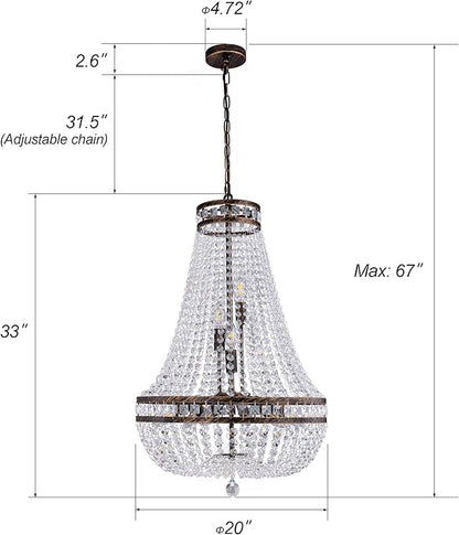 Wellmet Crystal Chandelier Light, 8 Lights French Empire Chandeliers Lighting Ceiling Fixture Hanging Pendant for Dining Living Room Foyer Kitchen Bedroom Entryway, 20''W (Bronze, 20)